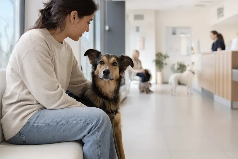 Ein Haldenstover Hund sitzt ruhig neben seinem Besitzer im hellen Wartezimmer einer modernen Tierarztpraxis.